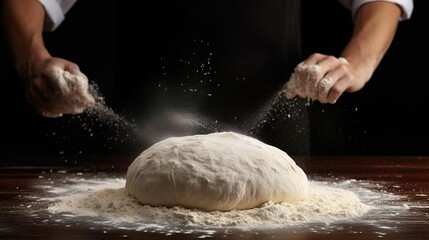 Pastry chef sprinkles flour on fresh raw dough for b
