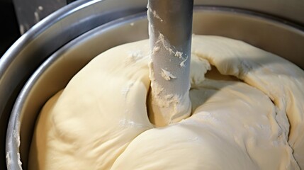 Close-up of kneading elastic dough for bread in a kn