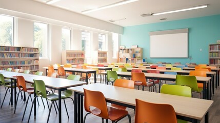 Bright school classroom with all chair facing forwar