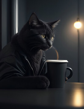 Cat in a black jacket drinking coffee