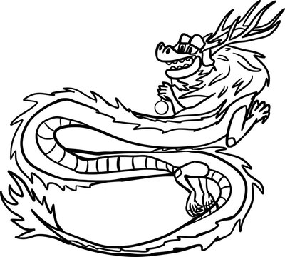 Vector drawing of a eastern dragon, symbol,sign of 2024 year.Hand drawn,doodle,cartoon style. Asia, Asian, animal, holiday, celebration, happy, new year. Black and white,silhouette,contour,sketch.
