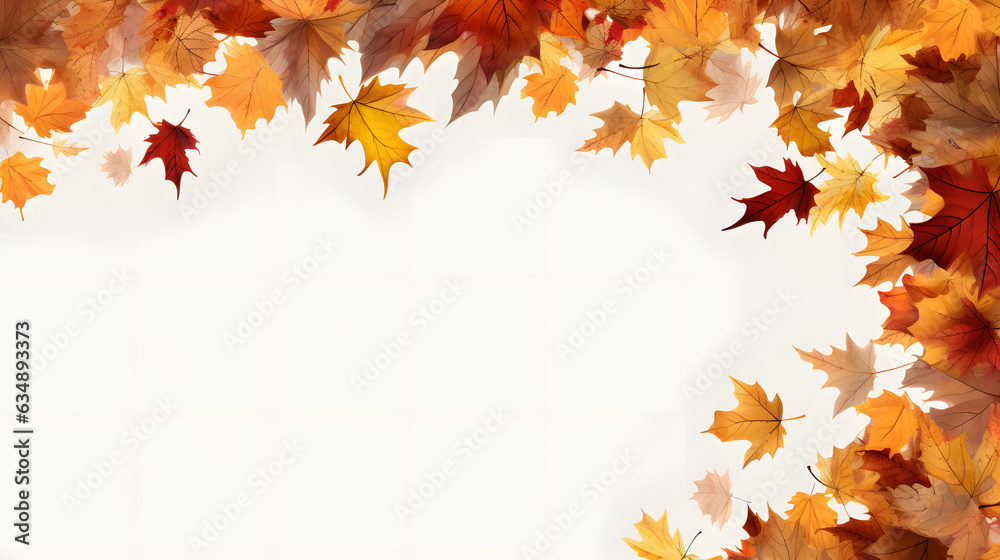 Wall mural frame from autum colored fall leaves in the wind. overlay texture with copy space