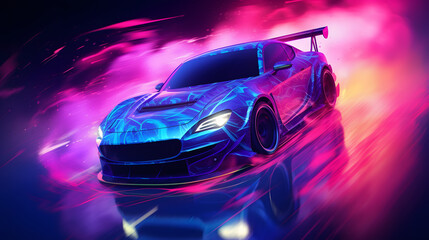 Futuristic drift car in motion with neon fast lines and abstract smoke. High speed concept in technological blue purple colors. Sport car is made of polygons, lines and connected dots. 
