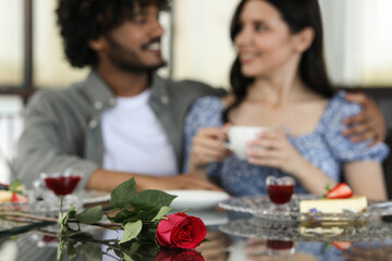 International dating. Happy couple spending time together in restaurant, selective focus - Powered by Adobe