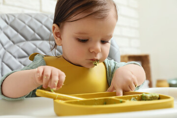 Cute little baby eating healthy food in high chair indoors