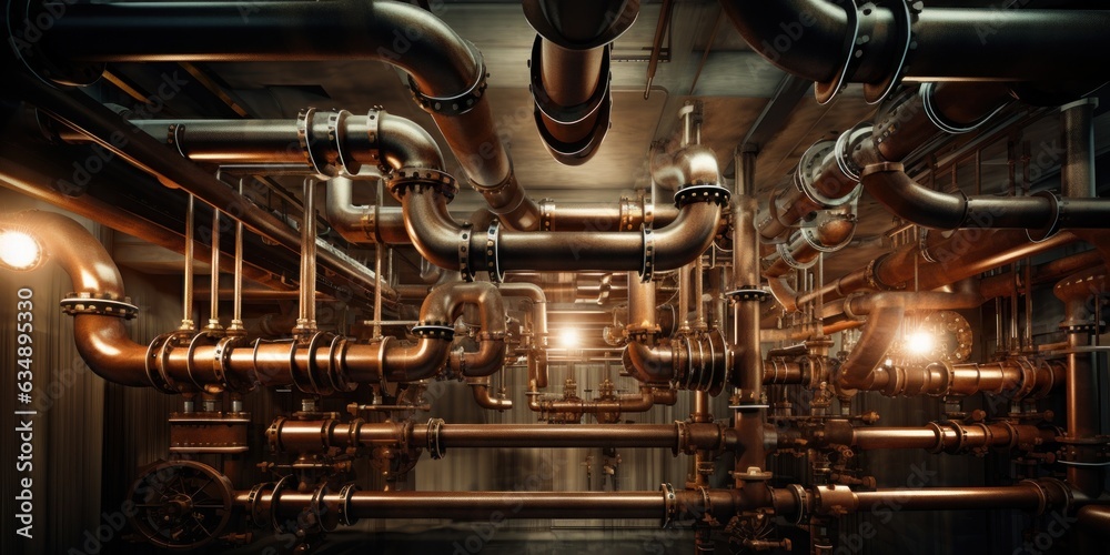 Wall mural illustration of pipes industrial steampunk, generative AI