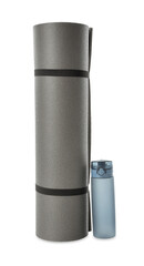 Grey yoga mat and bottle of water isolated on white