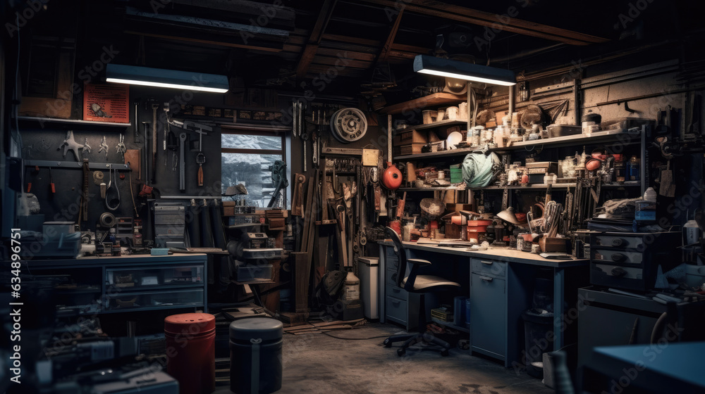 Wall mural Interior garage with mechanic tools