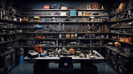 Interior garage with mechanic tools - obrazy, fototapety, plakaty