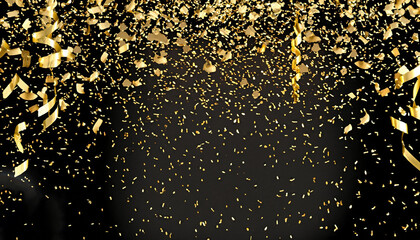 raining gold confetti isolated on black, party background concept with copy space for award...