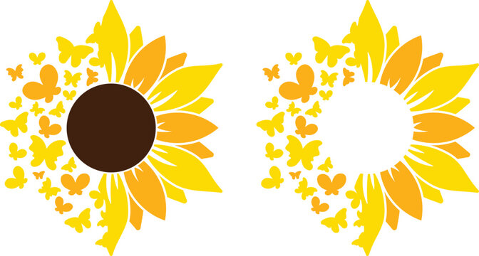 Sunflower Butterfly. Sunflower Breaking Apart Into Butterflies Decorative Graphic. Blossom Of Pretty Butterflies. 