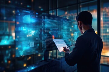 business people check electronic documents on digital documents. work on limitless communication technologies. 