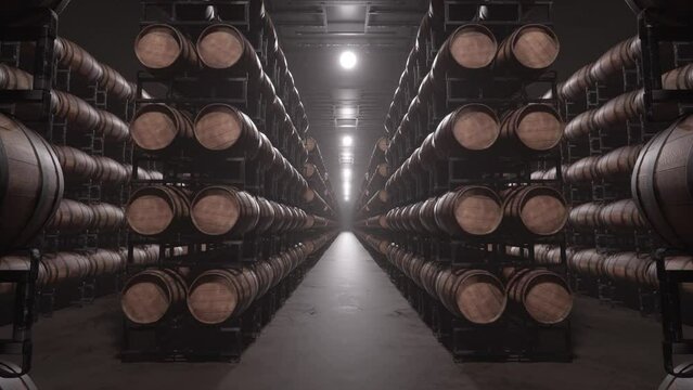 Wooden Barrels Stored In Warehouse. Lights Turn On Revealing Whiskey, Wine Or Beer Barrels Stacked In Rows Inside Storage Cellar. Animation Of Stored Wooden Barrels.