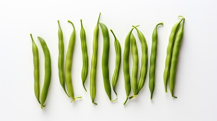 Image of a single bundle of fresh green beans, neatly arranged on a white surface.