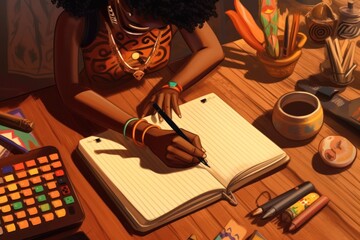 Afro hand writing in a notebook on a desk, full color flat illustration. 