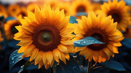 Fototapeta premium Image of a sunflower field bathed in golden sunlight.