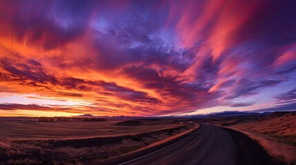 A dramatic view of a changing sky during sunset, where the shifting hues of orange, pink, and purple.
