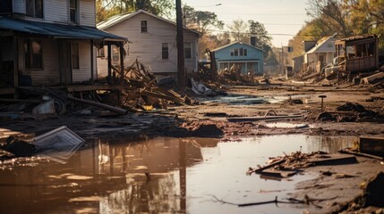 Image capturing the aftermath of a destructive flood, with muddy waters receding to reveal submerged homes and vehicles.
