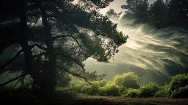 Image of a wind-whipped forest during a storm, where trees sway and bend under the force of powerful gusts.