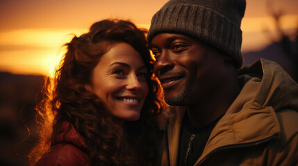 An African American couple standing against a glorious sunset the warmth and joy of the rays surrounding them as they clasp hands and