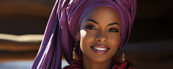 A Black African woman poses in front of a famous monument her vibrant purple head wrap blowing in the wind a look of excitement and