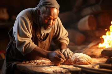 A Somalian man kneels at a bread oven absently brushing a thin layer of flour off the kneaded dough before placing it in the flames - Powered by Adobe