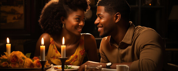 A Black African couple on a date night enjoying palatepleasing dishes at a romantic dinner table both stealing shy glances as the
