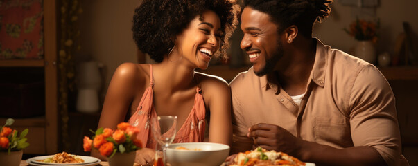 A Black African couple sitting at a cozy dining table gently holding hands and exchanging smiles over plates of fresh seafood.