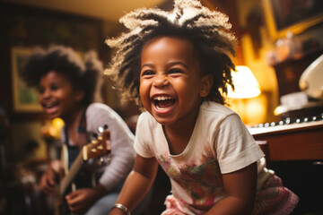 Obraz na płótnie Canvas Two African American children laugh and joke as they perform an impromptu dance routine in their living room music playing in the