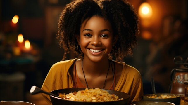 A young African girl perched on a stool devouring a bowl of mouthwatering fufu and egusi soup with gusto.