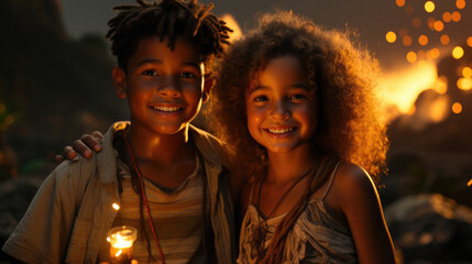 A portrait of a young Black boy and girl in a warm embrace their faces beaming with happiness. Palms open holding hands they depict