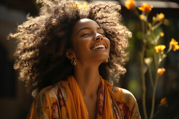 A statuesque African woman stands with her arms outstretched soaking up the sun in the warmth of a summer day.