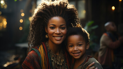 An African American woman dressed in a beautiful traditional gown stands outside her home. She is surrounded by her children and grandchildren
