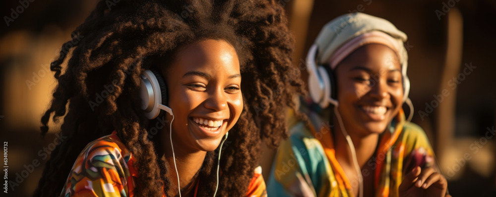 Wall mural Two teenage African girls stretched out on a beach blanket with their respective iPods in hand letting loose with happy laughter while