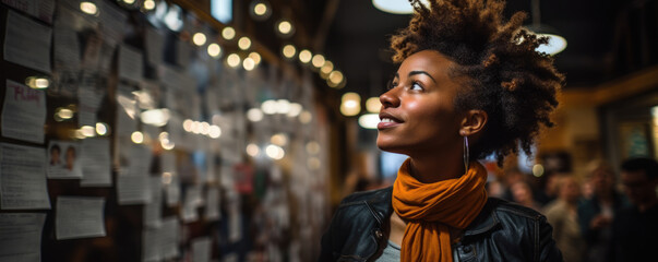 A black woman stands proudly in front of a white board her insightful words displayed in marker for the world to see. She glances