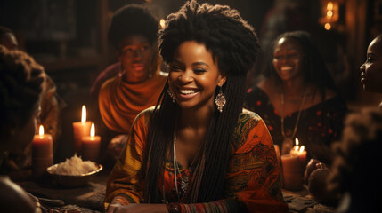 A dozen Black African family members huddle together in a cozy room dd in traditional African fabrics and donning neutralcolored ensembles.