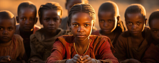 A group of African children stand in a circle in a remote village their eyes all cast towards the one in the centre. The child in