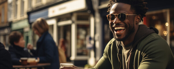 A playful African man enthusiastically gestures while chatting to a friend. His slim frame is dd in an earthtoned sweater and navy