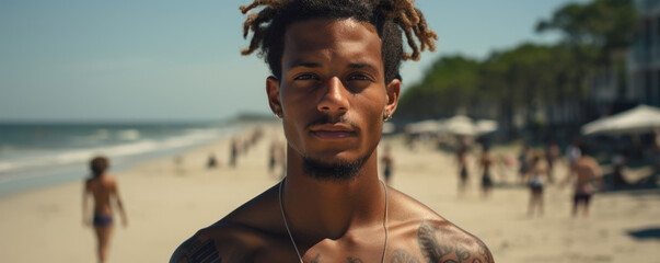 A young African American man stands on the shore of a beach white sand stretching away at his feet gripping his surfboard with an expression