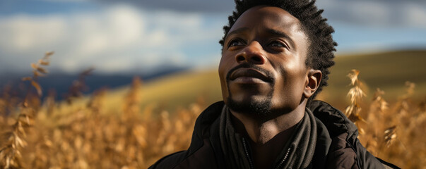 A Black man gazes out towards distant hills his gaze distant and reflective. An open field lies behind him the tall grass swaying