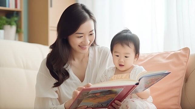 parent sit on sofa with daughter and reading a story. learn development, childcare, laughing, education, storytelling,