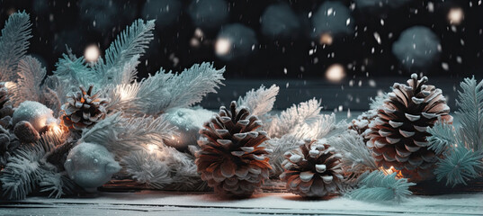 Obraz na płótnie Canvas Christmas decoration with pine cones and snow
