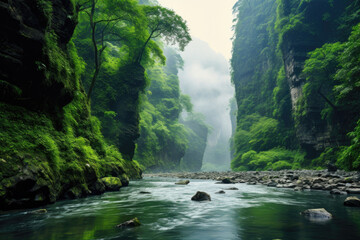 A river flowing through a deep gorge with steep walls covered in greenery. The gorge walls are covered in lush green vegetation and trees, mist, serene, peaceful