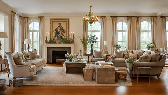 Empire style family room, single fireplace, Aubusson tapestries, wood flooring