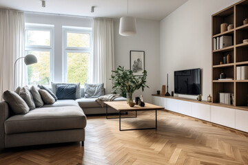 Living room with a minimalist design. The room has a large window with white curtains, a gray sofa, a wooden coffee table, and a wooden bookshelf, large flat-screen TV, floor lamp