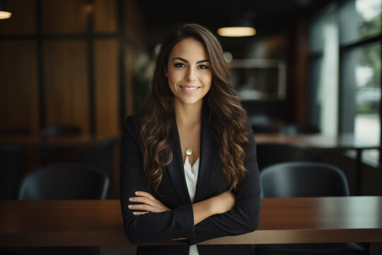 A Confident and Successful Female Attorney, Exuding Authority and Intelligence, Poses in a Professional Portrait at a Courtroom, Crossed Arms and Grinning with Determination