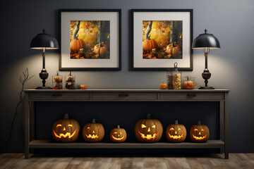 Haunted Harvest, Spooky Lanterns and Pumpkin Display in a Contemporary Interior