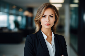 Obraz premium Confident and Accomplished Businesswoman: A Modern, Elegant Leader in a Business Suit, with Blue Eyes and Brown Hair, Showcasing Ambition and Independence