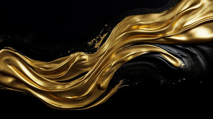 gold paint stroke on a black background,  abstract golden brush stroke over black background - obrazy, fototapety, plakaty