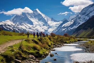 Fototapeta na wymiar Alpine Majesty Unveiled: Spectacular Mountain Ranges, Snowy Peaks, and Serene Meadow Splendor 
